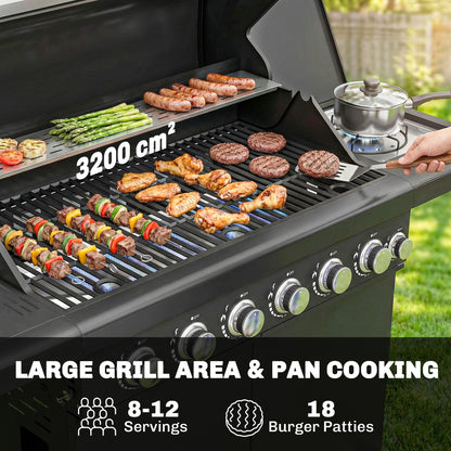Outsunny 6+1 Burner Gas BBQ Grill, Outdoor Barbecue Trolley with Wheels, Warming Rack, Thermometer, Bottle Opener, Black