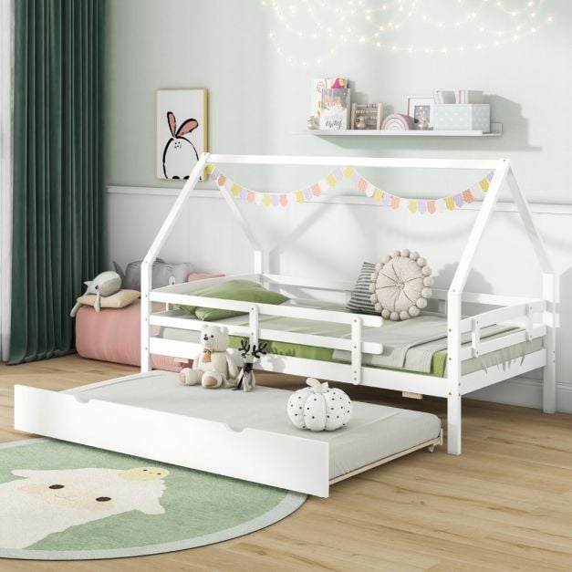 Kids House Bed with Trundle with Full Length Safety Guardrails and Roof-White-Twin size