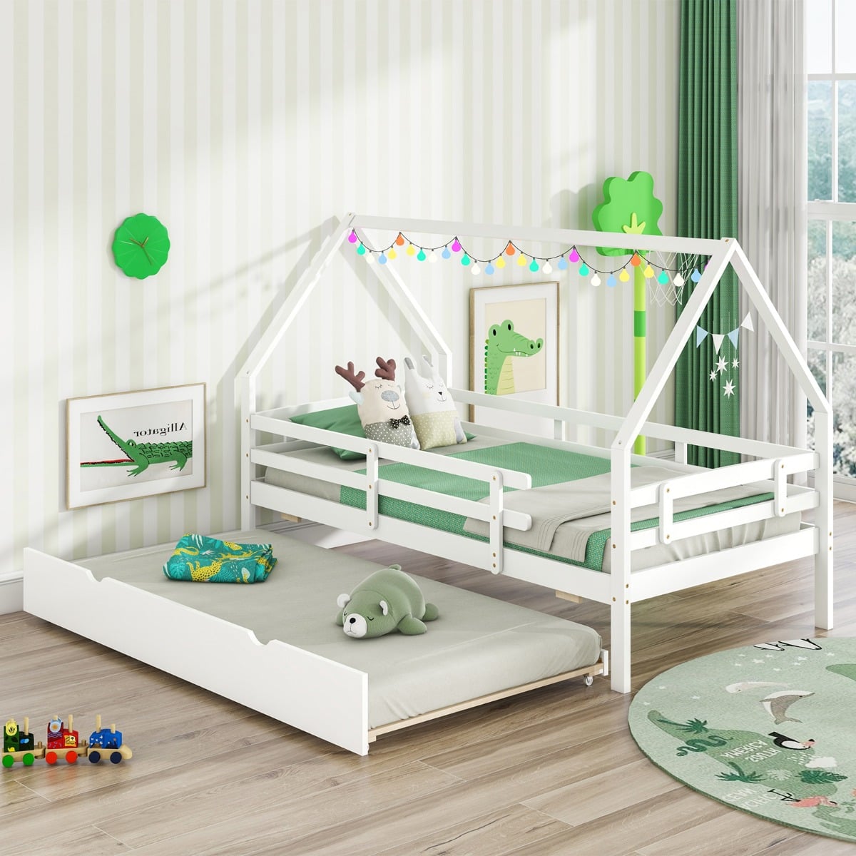 Kids House Bed with Trundle with Full Length Safety Guardrails and Roof-White-Twin size