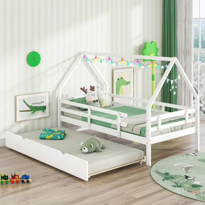 Kids House Bed with Trundle with Full Length Safety Guardrails and Roof-White-Twin size