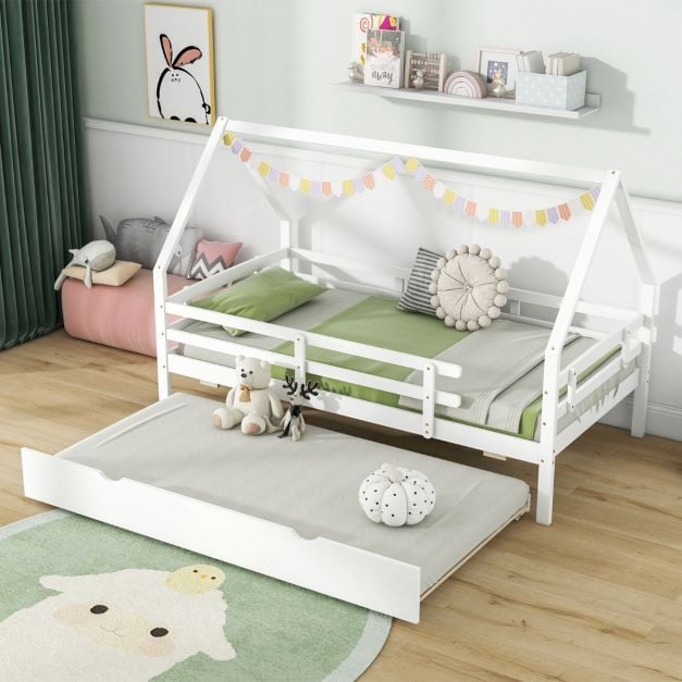 Kids House Bed with Trundle with Full Length Safety Guardrails and Roof-White-Twin size