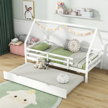 Kids House Bed with Trundle with Full Length Safety Guardrails and Roof-White-Twin size