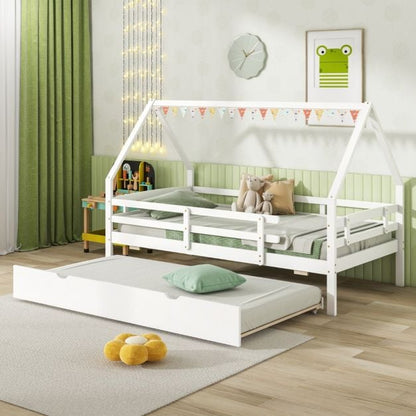 Kids House Bed with Trundle with Full Length Safety Guardrails and Roof-White-Twin size