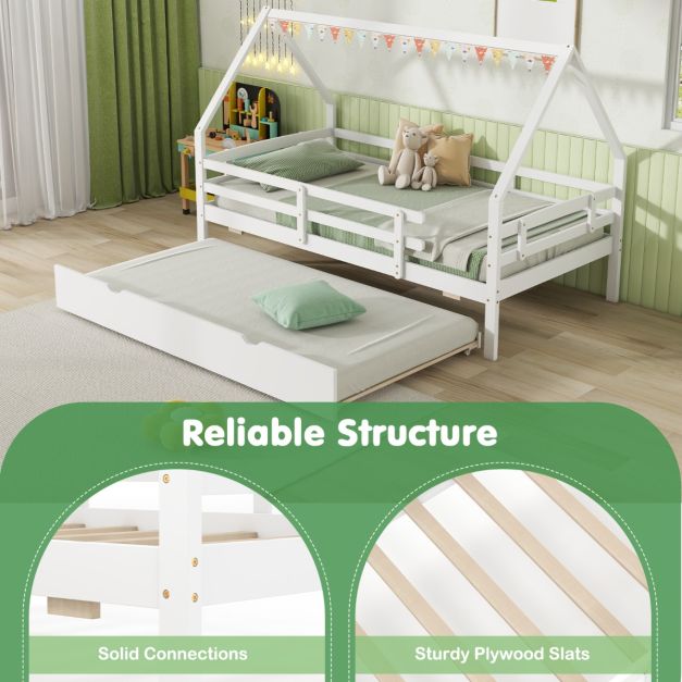 Kids House Bed with Trundle with Full Length Safety Guardrails and Roof-White-Twin size