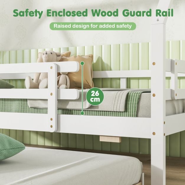 Kids House Bed with Trundle with Full Length Safety Guardrails and Roof-White-Twin size