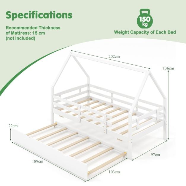 Kids House Bed with Trundle with Full Length Safety Guardrails and Roof-White-Twin size