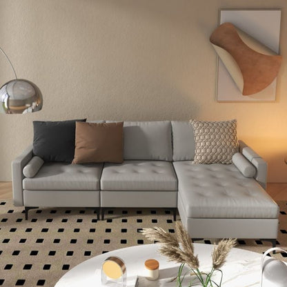 Extra Large L-Shaped Sofa with 4 USB Ports, Solid Metal Legs-Light Grey