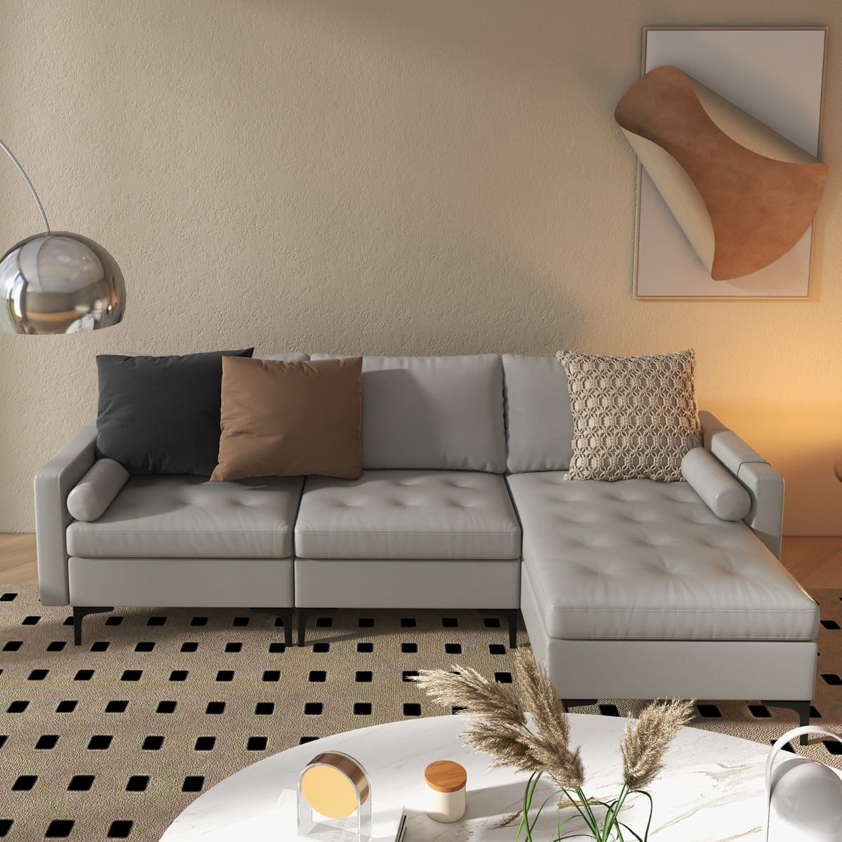Extra Large L-Shaped Sofa with 4 USB Ports, Solid Metal Legs-Light Grey