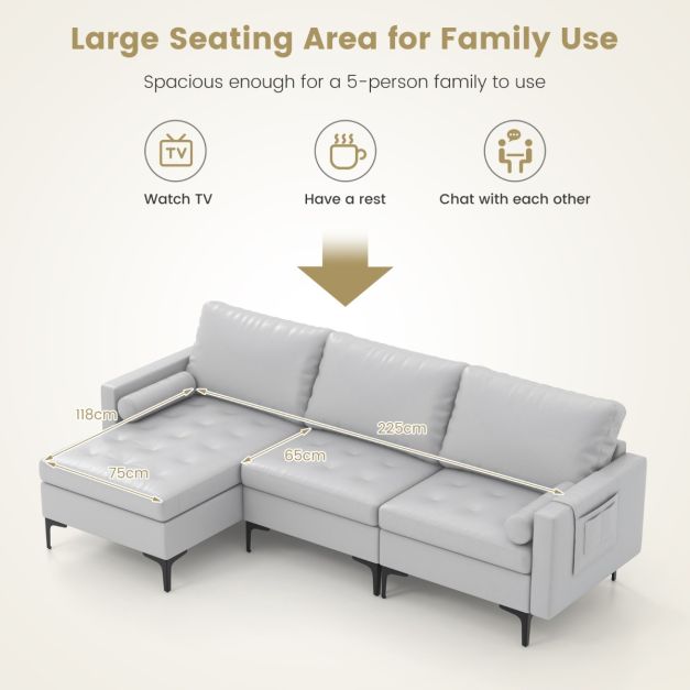 Extra Large L-Shaped Sofa with 4 USB Ports, Solid Metal Legs-Light Grey