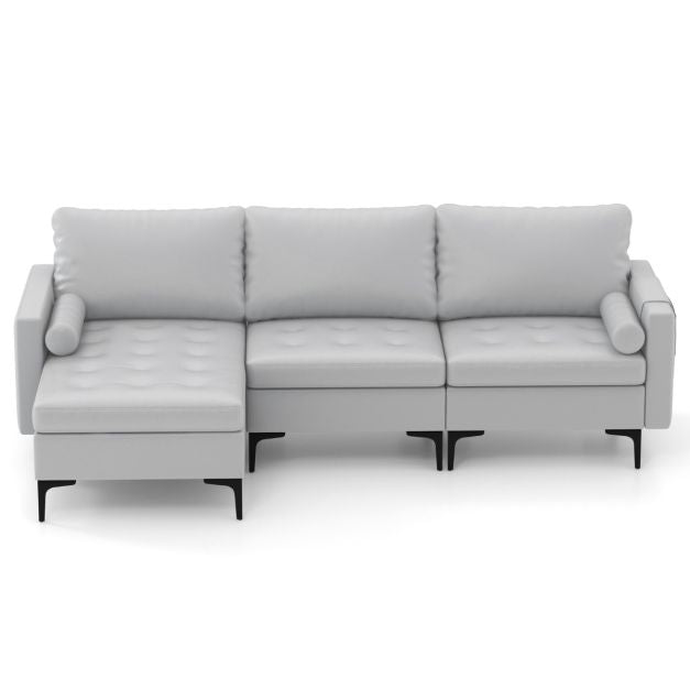 Extra Large L-Shaped Sofa with 4 USB Ports, Solid Metal Legs-Light Grey