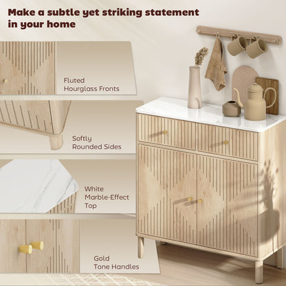 HOMCOM Sideboard Storage Cabinet, Fluted Kitchen Cupboard with Marble-Effect Top, 2 Drawers, 2 Doors and Adjustable Shelf, Oak