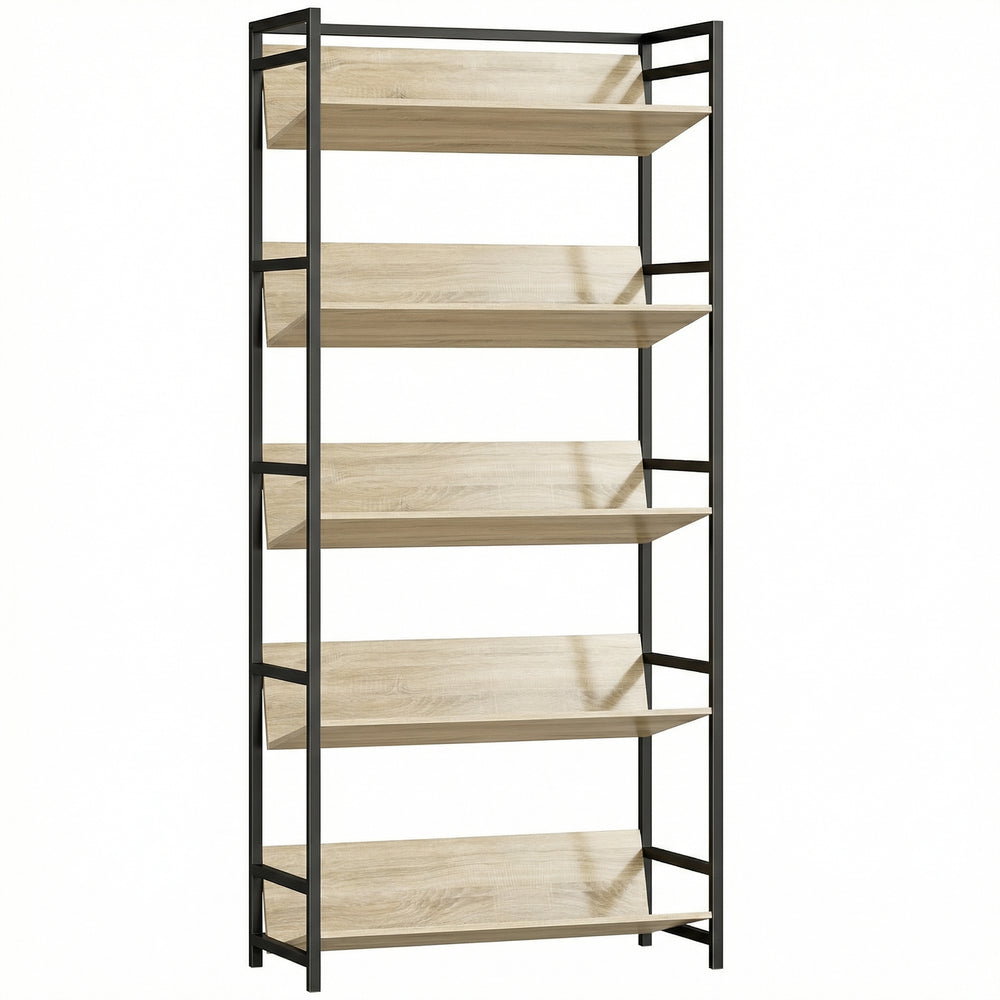 HOMCOM Bookshelf 5-Tier Metal Frame Room Divider Bookcase Storage Shelves for Living Room Oak