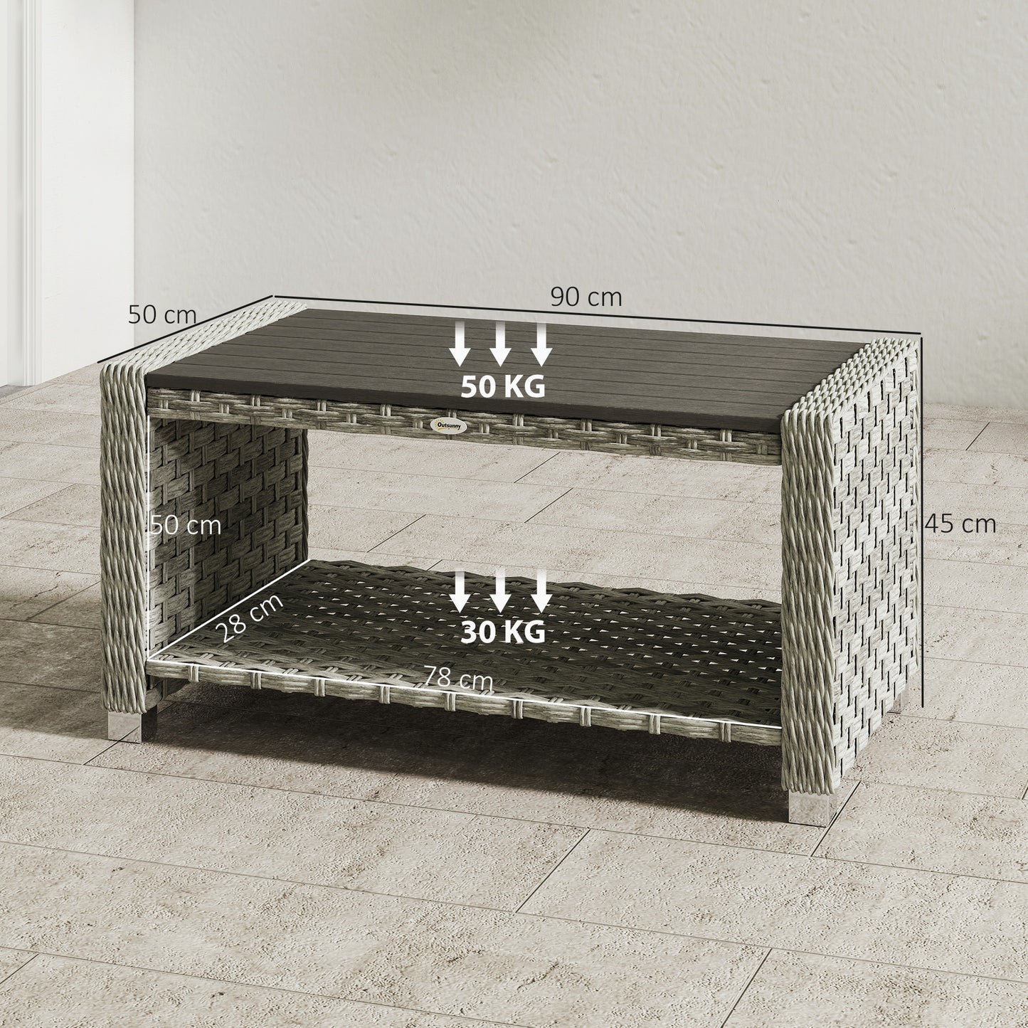 Outsunny Outdoor Side Table with 2-tier Storage Rattan End Table for Patio 90 cm Grey