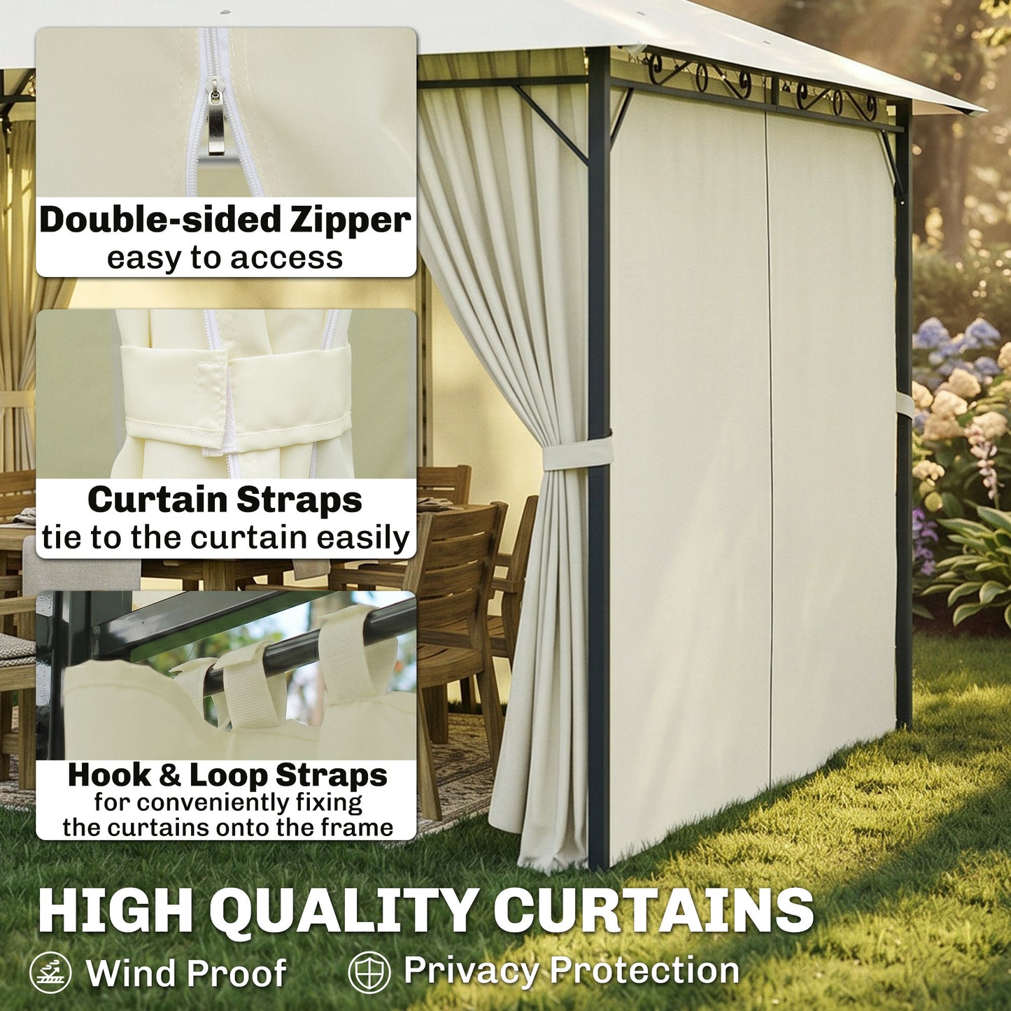 Outsunny 4m x 3(m)Garden Gazebo, Double Roof Outdoor Gazebo Canopy Shelter with Curtains, Solid Steel Frame for Lawn and Deck, Beige