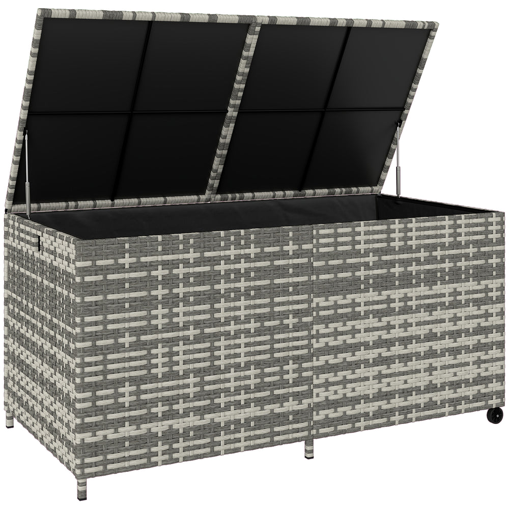 Outsunny 650L Garden Storage Box with 2 Wheels, Rattan Deck Box with Waterproof Zipped Liner, Safe Pneumatic Rods, Mixed Grey