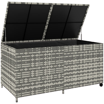 Outsunny 650L Garden Storage Box with 2 Wheels, Rattan Deck Box with Waterproof Zipped Liner, Safe Pneumatic Rods, Mixed Grey