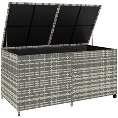 Outsunny 650L Garden Storage Box with 2 Wheels, Rattan Deck Box with Waterproof Zipped Liner, Safe Pneumatic Rods, Mixed Grey