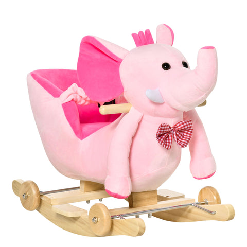 HOMCOM 2 In 1 Plush Baby Ride on Rocking Horse Elephant Rocker with Wheels Wooden Toy for Kids 32 Songs for 18+ Months (Pink)