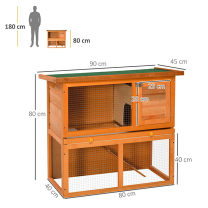 PawHut Rabbit Hutch Outdoor Guinea Pig Hutch Wooden Pet Cage Run 2-Tier with Opening Top, 90 x 45 x 80cm