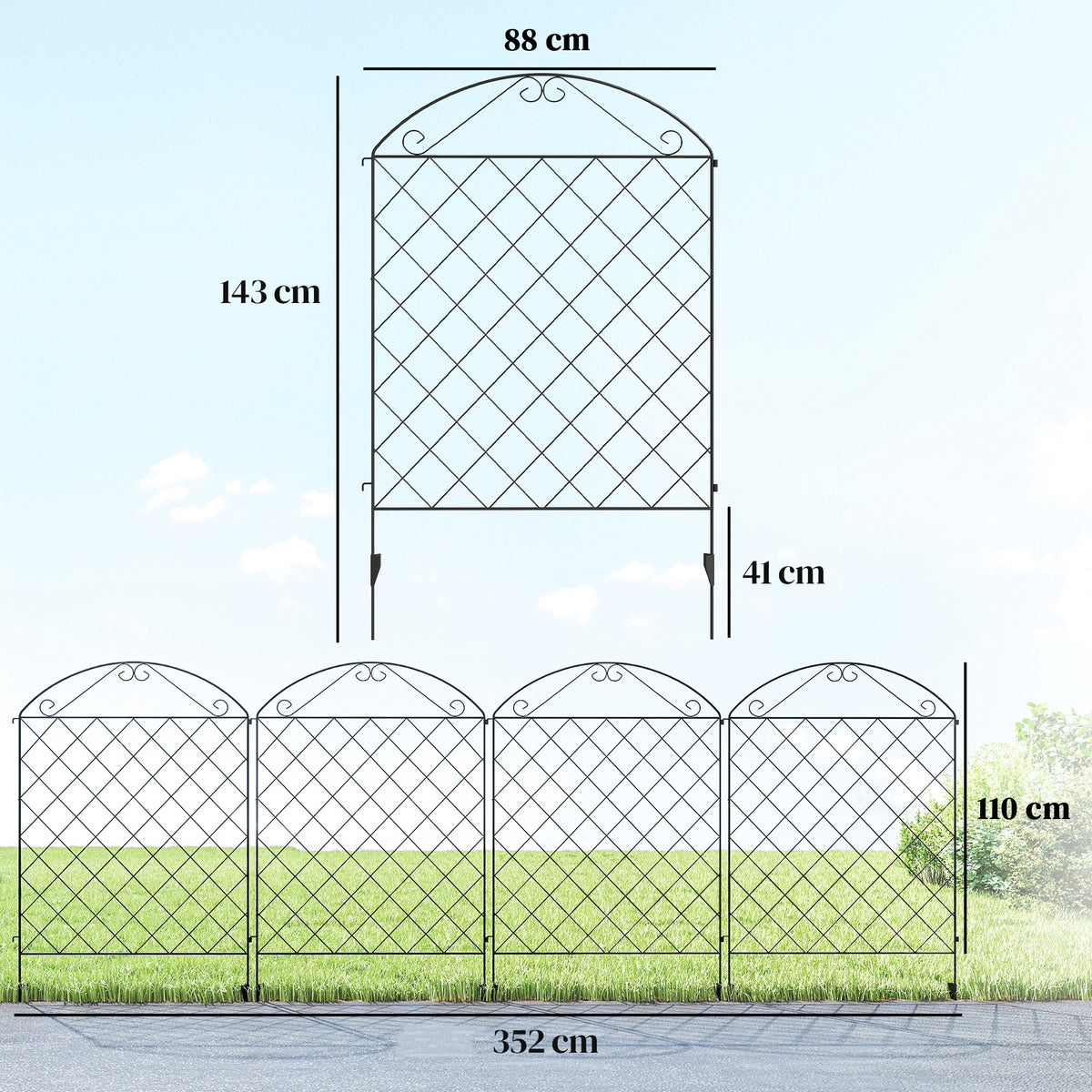 Outsunny Decorative Garden Fencing, 56in x 11.5ft Outdoor Picket Fence Panels, 4PCs Rustproof Steel Wire Landscape Flower Bed Border Edging, Gentle Swirls