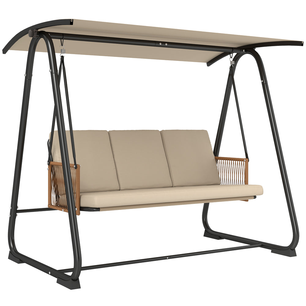 Outsunny 3 Seater Swing Chair with Adjustable Canopy, 360 kg Garden Swing Seat Outdoor Hammock Bench with Cushions, Sand Brown