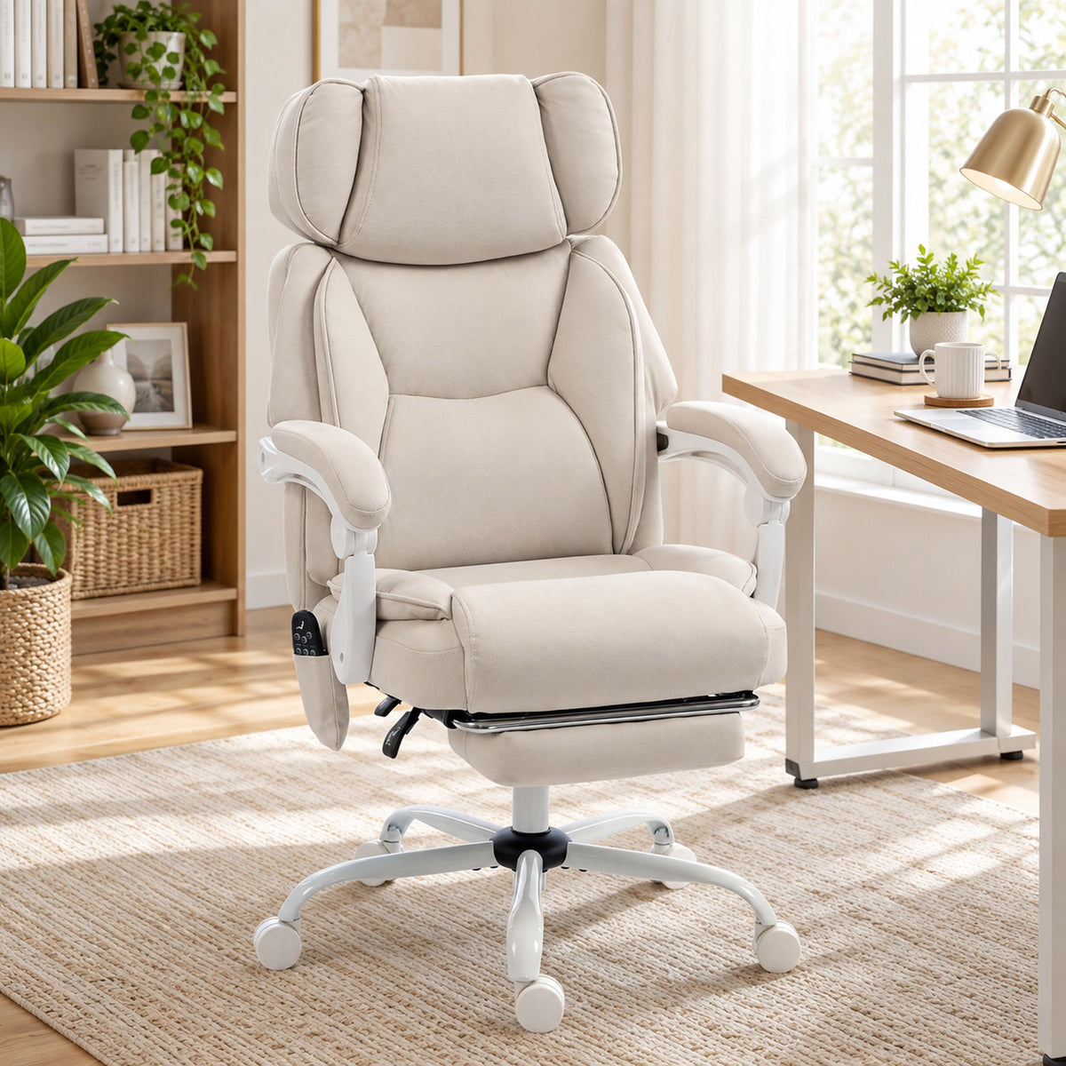 HOMCOM Office Chair with Massage, Heat, Adjustable Headrest, Leathaire‌ Reclining Desk Chair with Footrest, Cream White