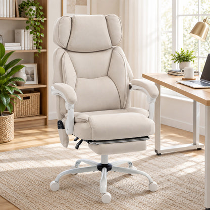 HOMCOM Office Chair with Massage, Heat, Adjustable Headrest, Leathaire‌ Reclining Desk Chair with Footrest, Cream White