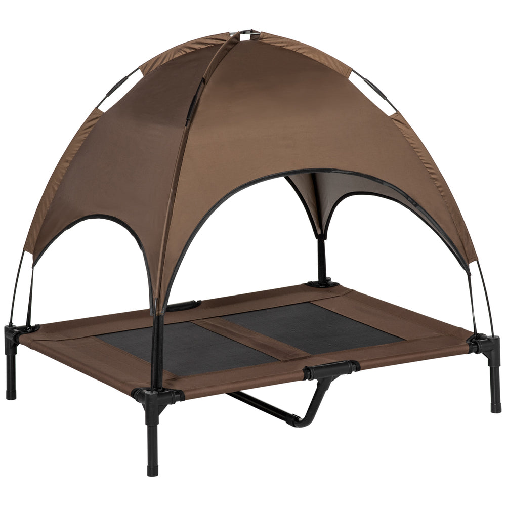 PawHut Raised Dog Bed Waterproof Elevated Pet Cot with Breathable Mesh UV Protection Canopy Brown, for Large Dogs, 92 x 76 x 90cm