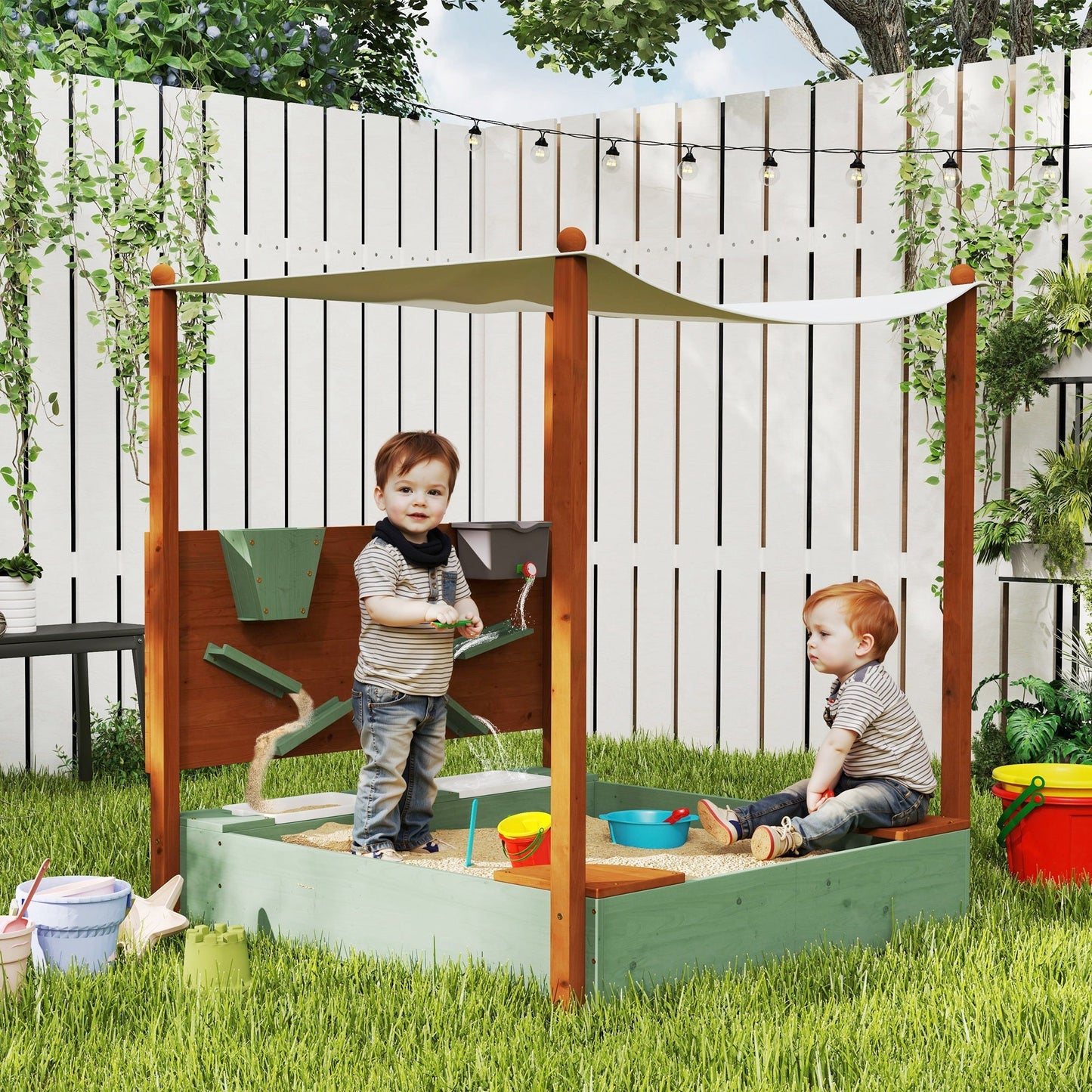 AIYAPLAY Wood Sandpit with Canopy, Storage Bins, Funnel, Liner, Chutes, Bucket with Tap, 116 x 112.5 x 128 cm, Green
