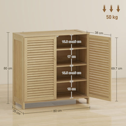 HOMCOM Bamboo Shoe Cabinet with Louvered Doors, 14 Pairs Shoe Storage Cabinet with Adjustable Shelves for Hallway, Natural