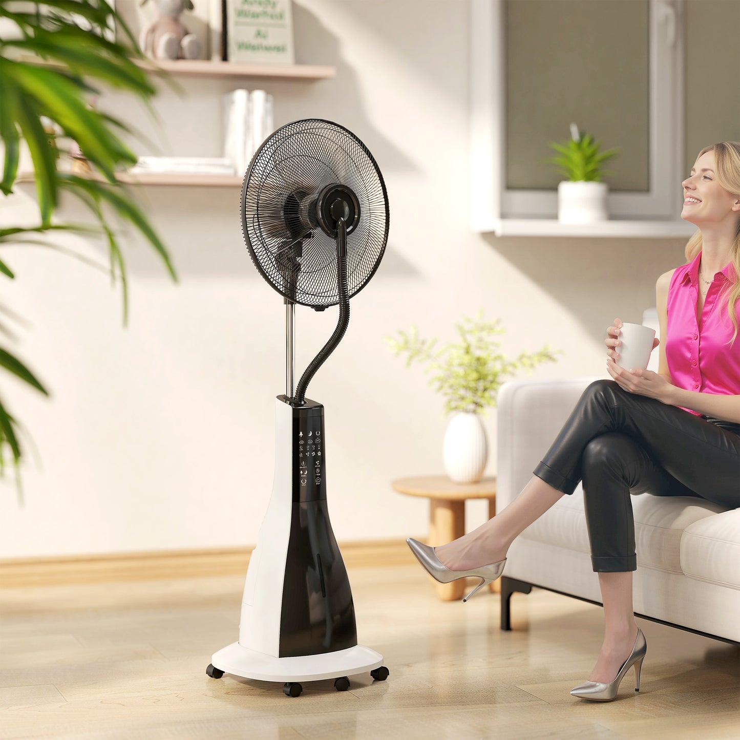 HOMCOM Pedestal Fan with Water Mist Spray, Spray Misting Fan with 75Â° Oscillation, Remote Control, Tilt Head, 3 Speeds, 3 Modes, 3 Mist, 3L Water Tank, Wheels, for Home, 125 cm