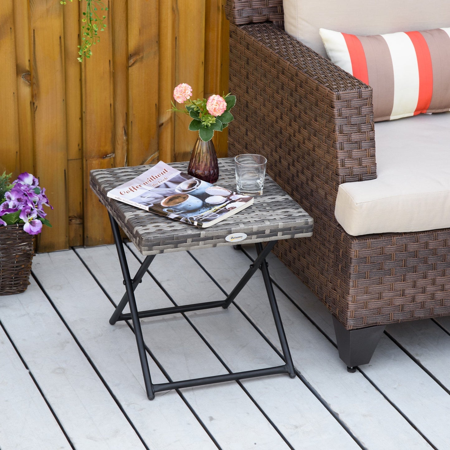 Outsunny Square PE Wicker Rattan Folding Table,Weather Resistant Wicker Weave Side Table with Steel Frame, Grey