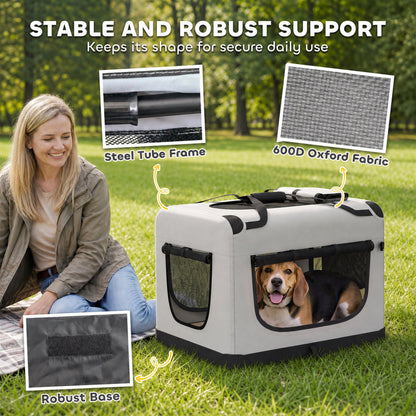 PawHut Pet Carrier Bag, Soft-Sided Dog Carrier with Security Buckle Strap, Washable Cushion and Folded Bowl, Light Grey