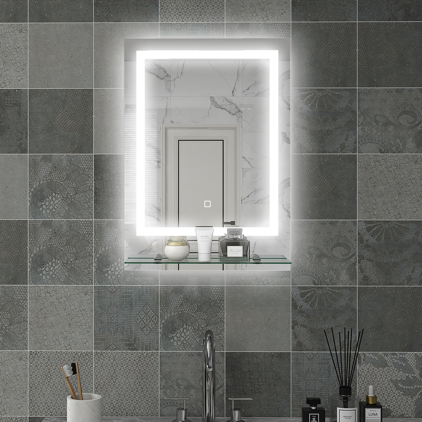 kleankin Large Vanity Mirror with Lights and Shelf, Illuminated bathroom Mirror with 3 Colour Brightness, Smart Touch, Anti-Fog