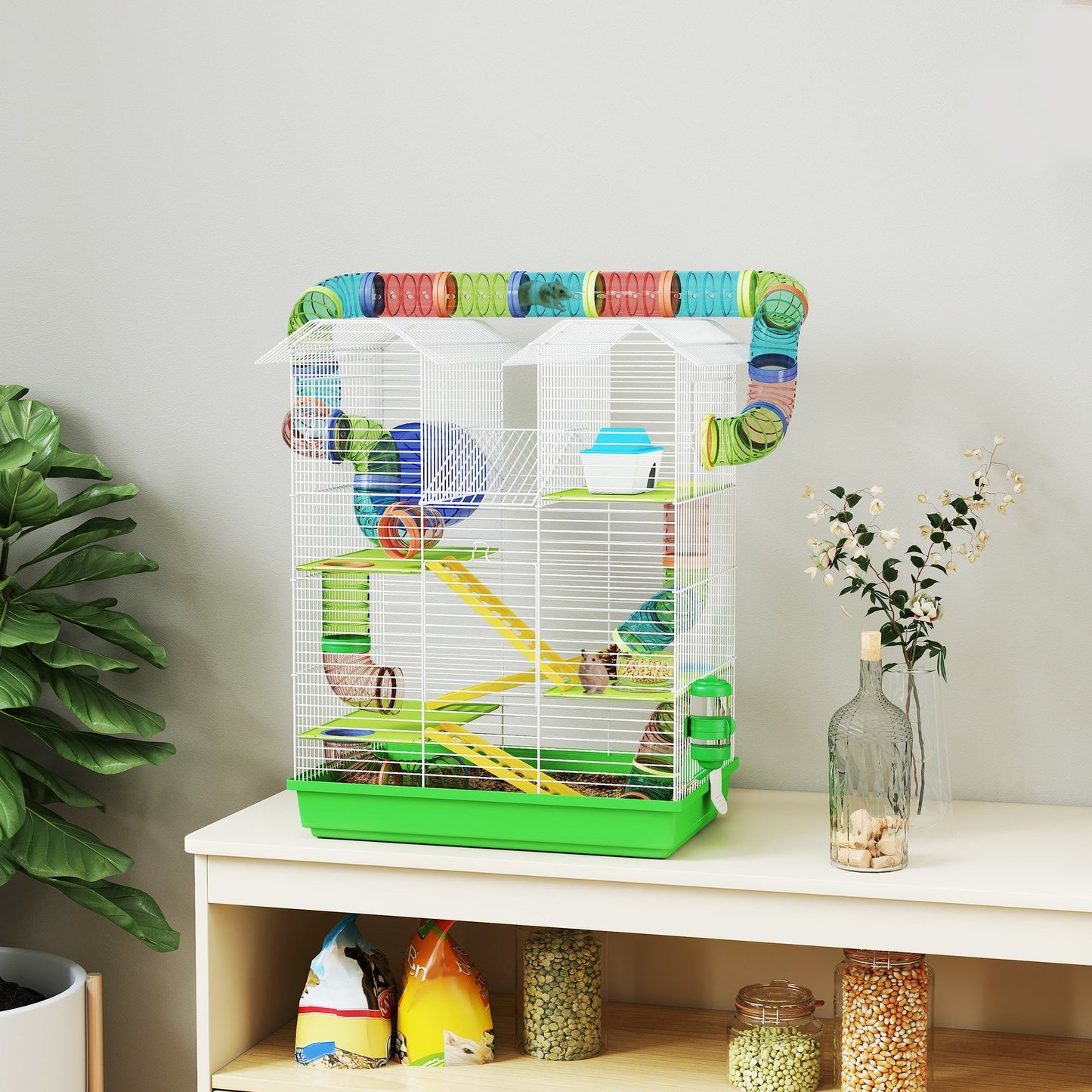 PawHut 5 Tier Hamster Cage Carrier Habitat with Exercise Wheels Tunnel Tube Water Bottle Dishes House Ladder for Dwarf Mice, Green