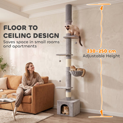 PawHut Floor to Ceiling Cat Tree, 230-250cm Multi-Level Cat Tower with Adjustable Height, Scratching Posts, Condo, Platforms