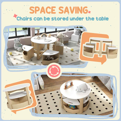 AIYAPLAY Five-Piece Kids Table and Chairs Set with Storage, for Ages 3-8 Years, White