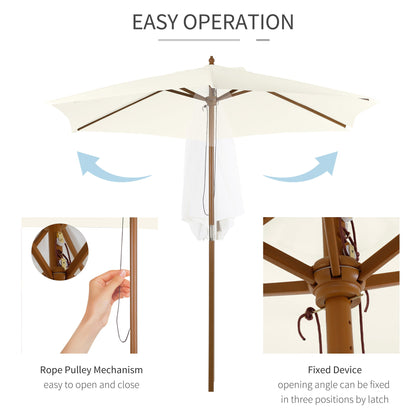 Outsunny 2.5m Patio Umbrella, Wood Garden Parasol, Sun Shade with 6 Ribs and Top Vent for Outdoor, White