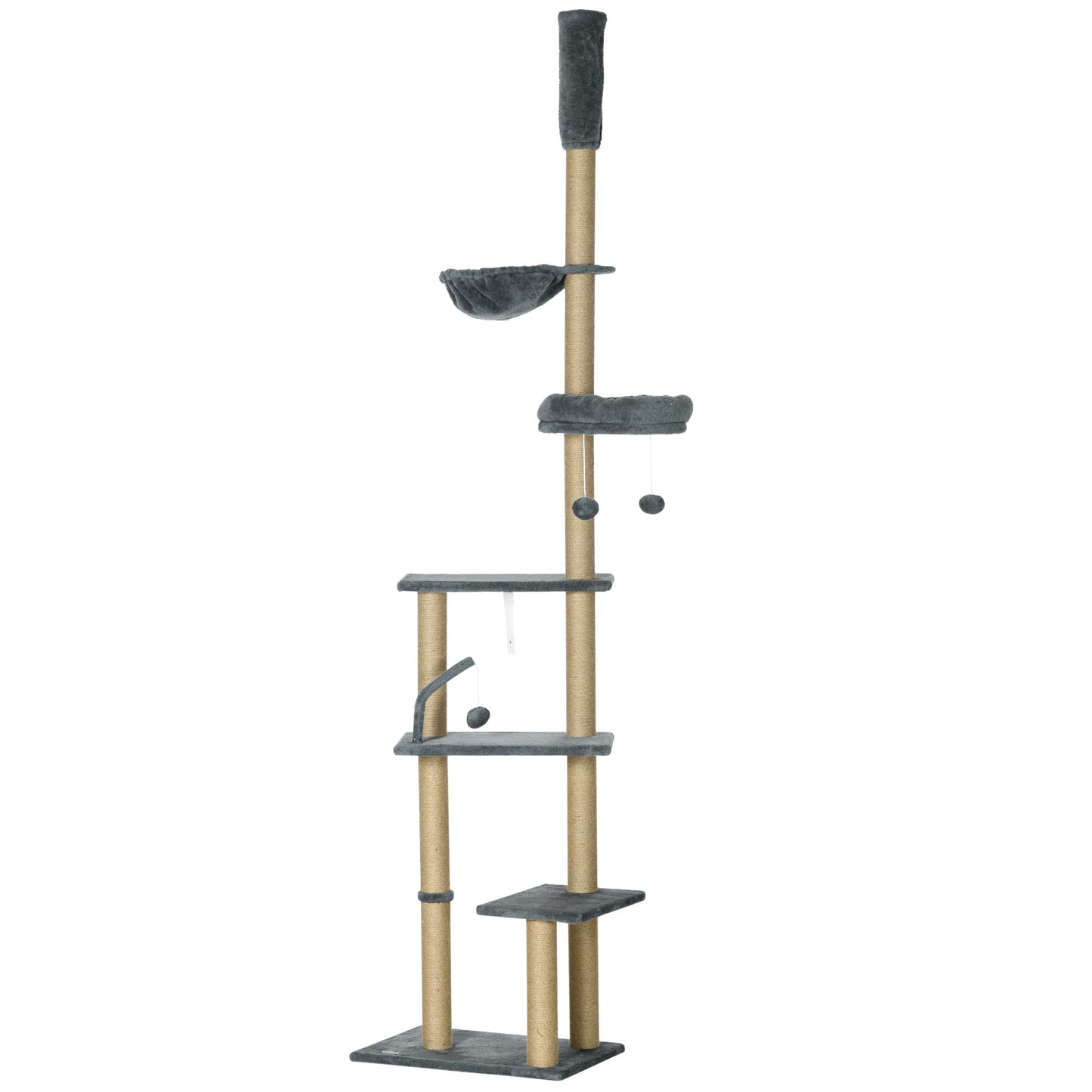 PawHut Floor to Ceiling Cat Tree for Indoor Cats, 6-Tier Play Tower Climbing Activity Center with Scratching Post, Platforms, Bed, Hammock, Adjustable Height 230-250cm, Grey