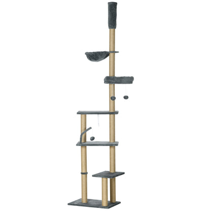PawHut Floor to Ceiling Cat Tree for Indoor Cats, 6-Tier Play Tower Climbing Activity Center with Scratching Post, Platforms, Bed, Hammock, Adjustable Height 230-250cm, Grey