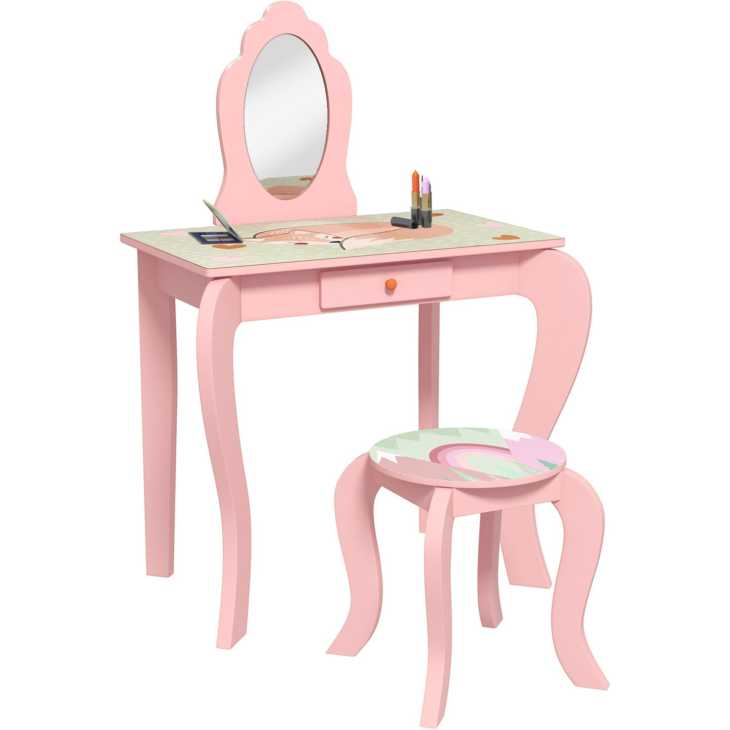 ZONEKIZ Kids Dressing Table with Mirror, Stool, Drawer, Cute Animal Design - Pink