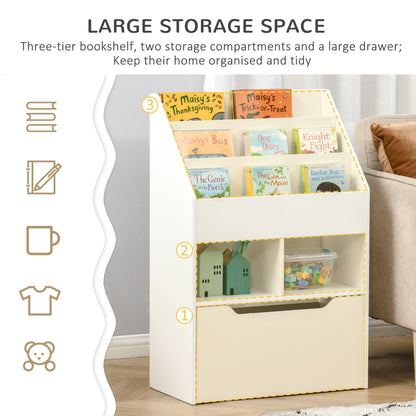 HOMCOM Kids Bookshelf, Toy Organiser, with Storage Drawer, Wheels - White