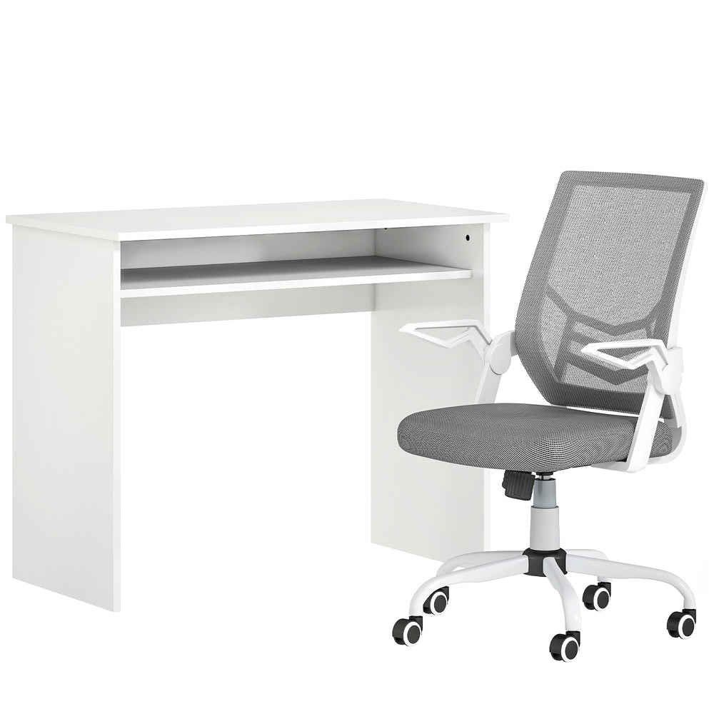 HOMCOM Home Office Furniture Set, Modern Computer Desk with Storage Shelf and Ergonomic Mesh Chair with Flip-Up Arms, Lumbar Support, Adjustable Height, Swivel Wheels, White and Grey