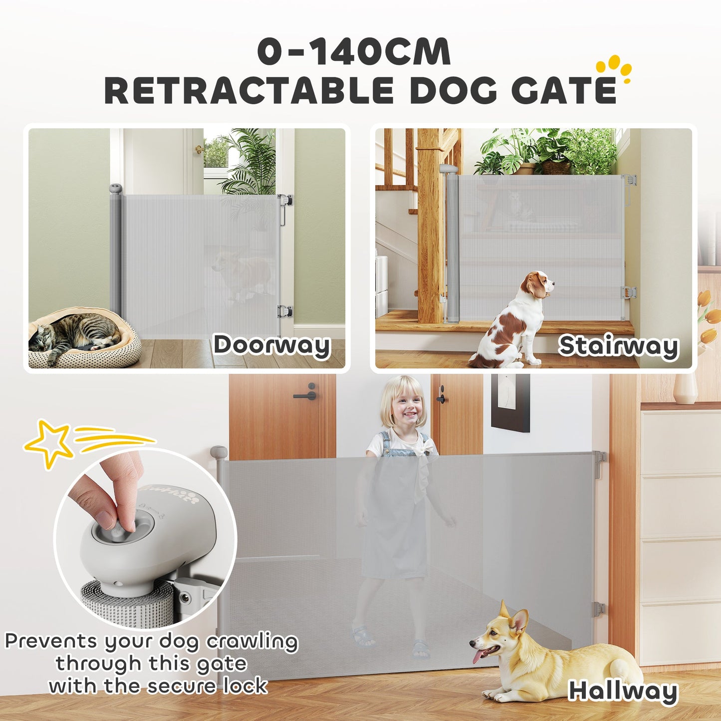 PawHut Retractable Stair Gate Extends Up to 140 cm Wide, Dog Gate for Doorways, Stairways, Hallways, Grey