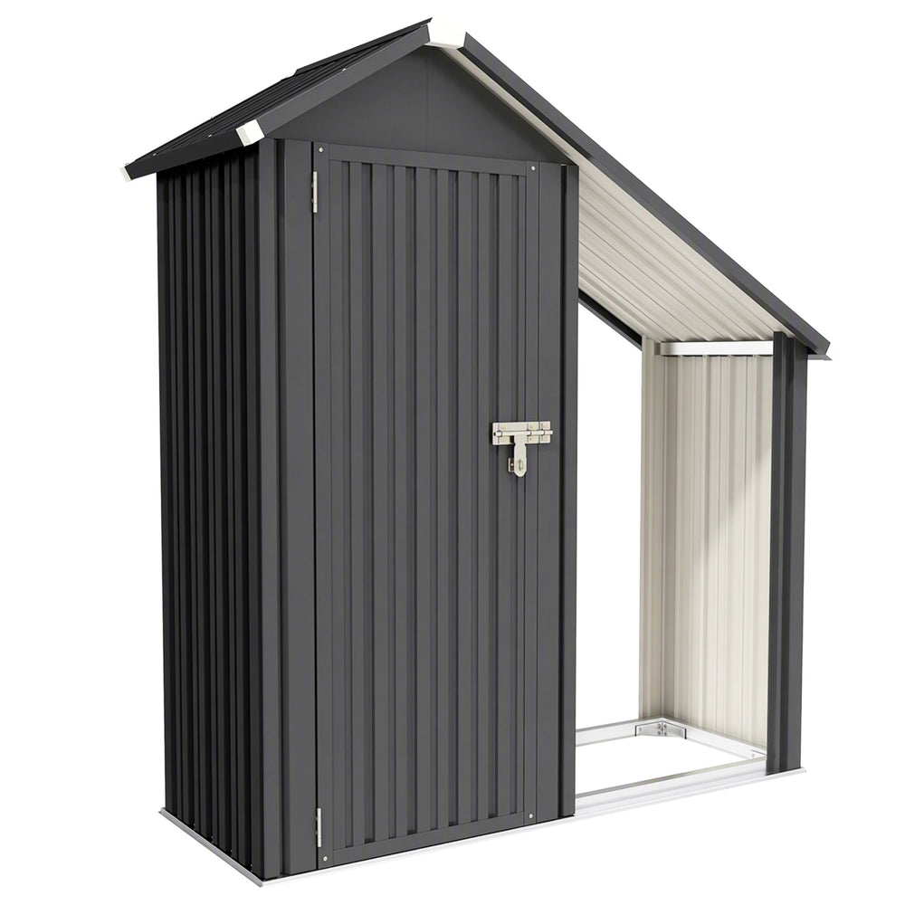 Outsunny 2 in 1 Galvanised Steel Firewood Shed, Outdoor Log Storage Shed with Tool Cabinet and Firewood Rack, Dark Grey