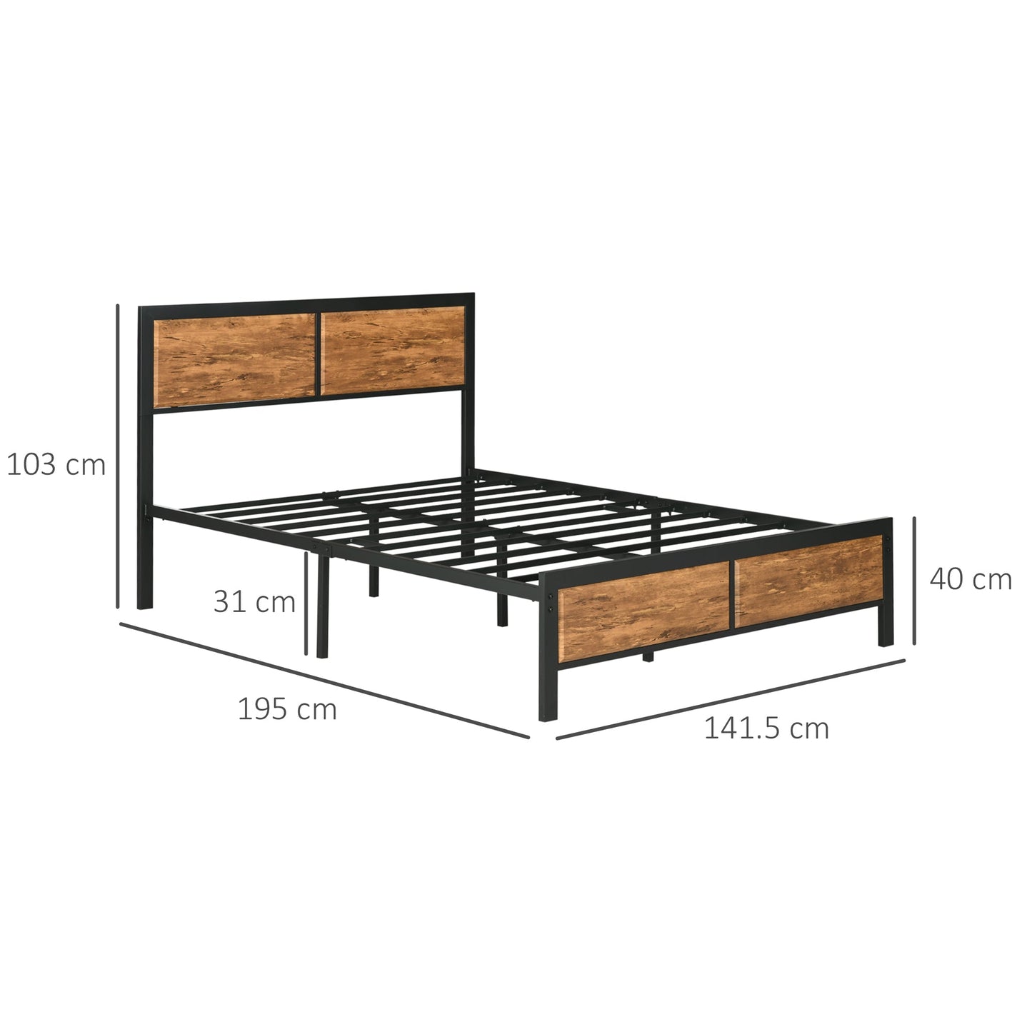HOMCOM Industrial Double Bed Frame, 5FT Steel Bed Base with Headboard, Footboard, Slatted Support and Under Bed Storage, 142 x 195cm, Rustic Brown