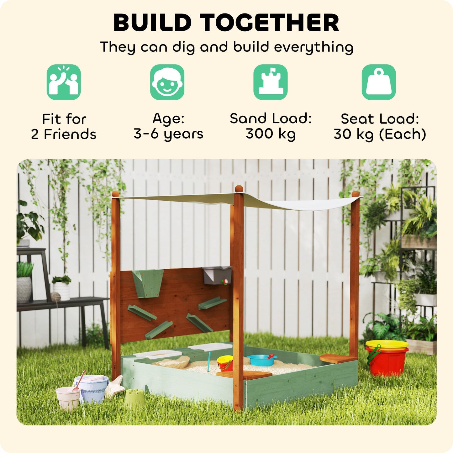 AIYAPLAY Wood Sandpit with Canopy, Storage Bins, Funnel, Liner, Chutes, Bucket with Tap, 116 x 112.5 x 128 cm, Green
