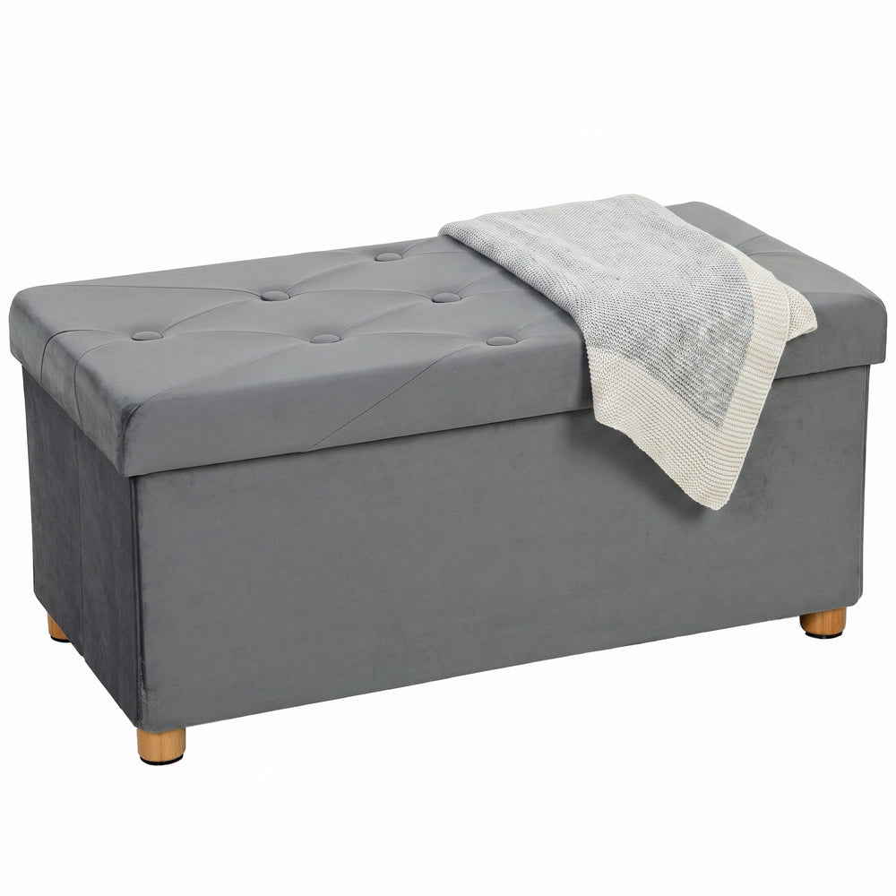 HOMCOM Velvet Upholstered Foldable Ottoman Footrest, Storage Ottoman Bench with Wood Legs for Living Room, Grey