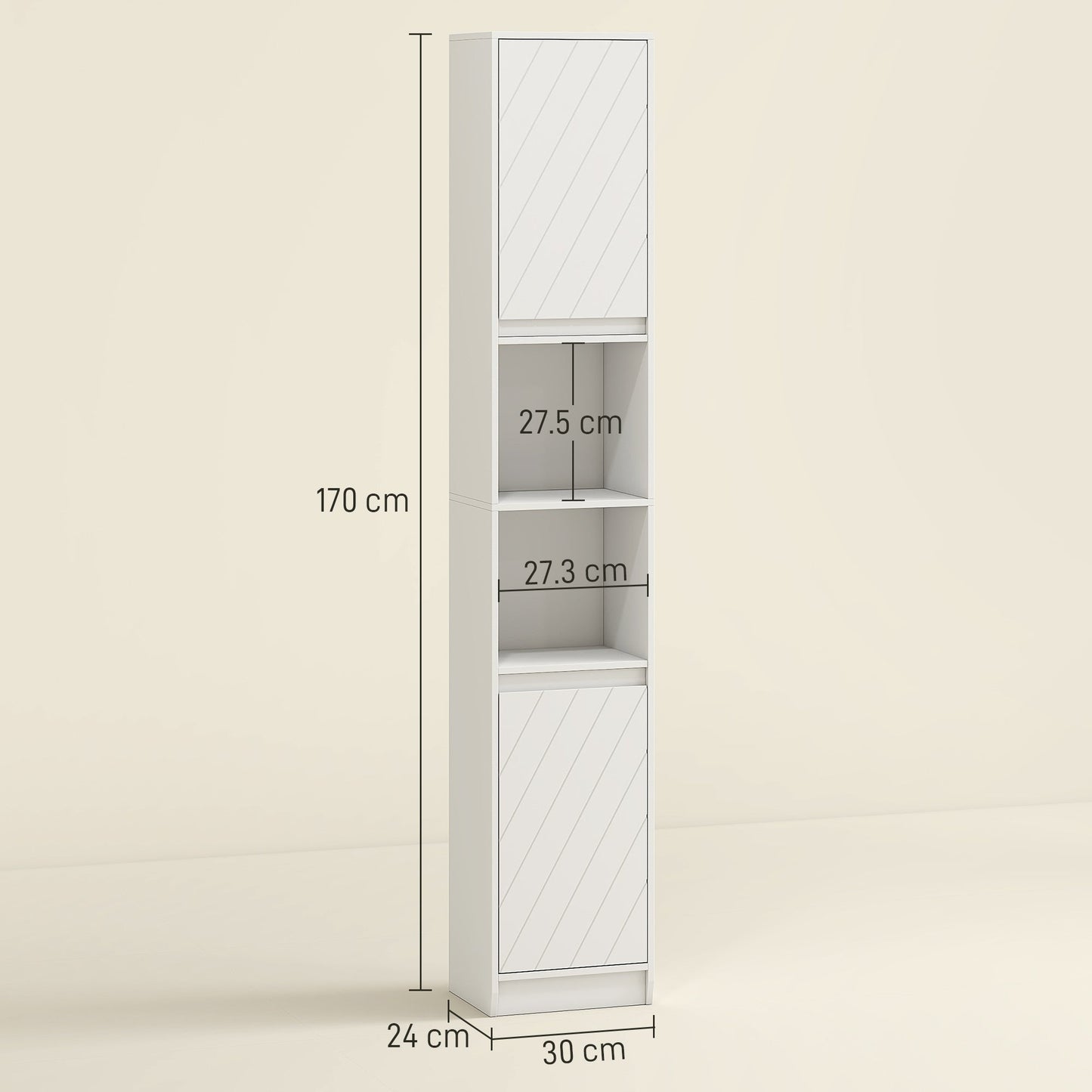 HOMCOM Narrow Bathroom Cabinet, Slim Bathroom Storage Unit with Open Compartment, Freestanding Storage Cupboard with Adjustable Shelves for Small Spaces, 30 x 24 x 170 cm, White