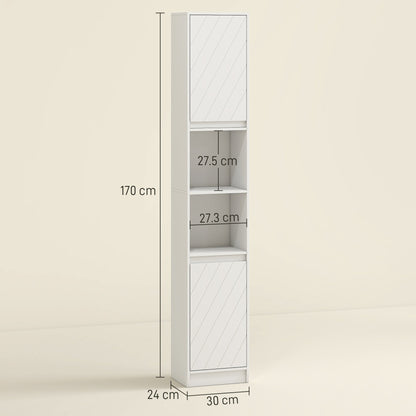 HOMCOM Narrow Bathroom Cabinet, Slim Bathroom Storage Unit with Open Compartment, Freestanding Storage Cupboard with Adjustable Shelves for Small Spaces, 30 x 24 x 170 cm, White